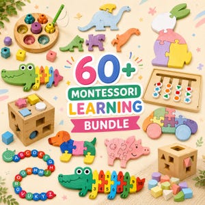 Può includere: Un set di apprendimento Montessori 60+ con giocattoli educativi in legno, tra cui un cubo per smistare le forme, un gioco di pesca, un bruco con lettere, coccodrilli numerati, puzzle di animali e una tavola geometrica con forme colorate.
