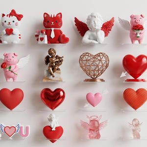 May include: A selection of Valentine's Day ornaments and decorations. Features a white cat with a heart, a red cat with a gift bag, cherubs, winged pigs, and heart-shaped objects in various colours and designs.