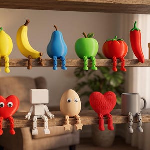 Op de afbeelding: Een houten plank toont grillige, kleurrijke beeldjes van fruit, groenten en andere objecten, elk met beweegbare benen. De collectie omvat een sinaasappel, banaan, appel, tomaat en een geschenkdoos. De plank is van hout.