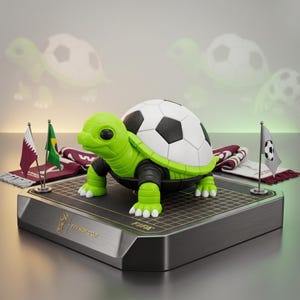 Puede incluir: Una figura de tortuga verde con un caparazón de balón de fútbol, detalles negros y pies blancos. La figura está sobre una base gris con el logo de la Copa Mundial de la FIFA, con banderas de Qatar y Brasil.