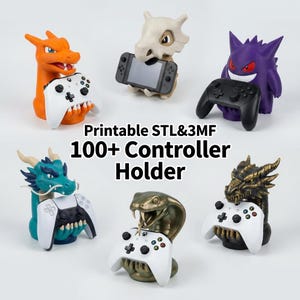 Puede incluir: Una colección de seis soportes para mandos con temática de personajes, incluyendo figuras de un dragón naranja, una criatura con calavera, un fantasma morado, un dragón azul, una serpiente y un dragón negro. Texto: Printable STL&3MF 100+ Controller Holder.
