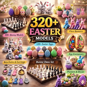 Op de afbeelding: Een levendige afbeelding met Pasen-thema producten. Het bevat konijnenmodellen, paaseieren, sleutelhangers, oorbellen, een konijnen schaakset, flexi konijnen, eiercontainers en plantenbakken. De afbeelding bevat tekst die luidt "320+ Easter Models" en "120+ Easter Eggs".