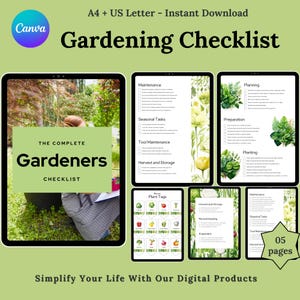 Könnte beinhalten: Digitale Garten-Checkliste mit dem Text "Gardening Checklist" und "The Complete Gardeners Checklist". Das Bild zeigt ein Tablet mit einer Person in einem Garten und mehrere andere Tablets mit gartenbezogenen Listen und Pflanzenetiketten.