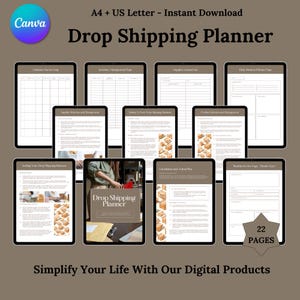 Op de afbeelding: Een digitale dropshipping planner weergegeven op meerdere tablets. De planner bevat secties voor inventaris, leveranciers en dagelijkse planning. Het ontwerp bevat een Canva-logo en de tekst "Drop Shipping Planner". De planner heeft 22 pagina's.