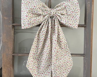 Oversized Floral Print Bow Door Hanger, Spring Wreath Accent, Handmade Fabric Decoration