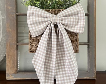 Large Beige Gingham Fabric Bow: Wreath or Door Hanger