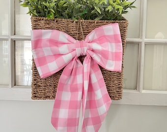 Gingham Fabric Bow Pink & White Decorative Spring Wreath Bow (11.5x17 inches)
