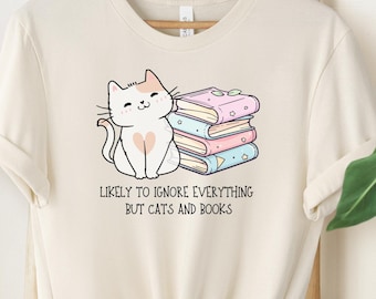 Camiseta para amantes de los gatos, linda camiseta con gatos y libros, regalo perfecto para amantes de los libros, regalo para lectores, camiseta para nerds de libros, profesores de inglés y bibliotecarios