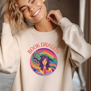 Book Dragon Sweatshirt, Book Dragon Gift, Book Lover Sweater, Bookish Gift for Readers, Girl and Dragon Shirt, Librarian Sweatshirt