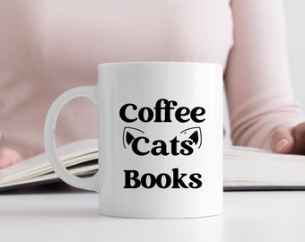 Cats and Coffee Mug, Coffee Lover Shirt, Funny Cat Shirt, Book Lover Shirt, Bookish Shirt for Cat Lovers, Funny Coffee Shirt, Bookworm, Book