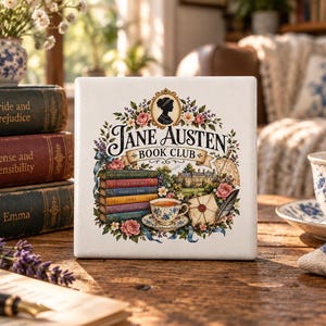 Jane Austen-cadeaus, keramische onderzetter voor boekenclubs, cadeau voor boekenliefhebbers, literaire woondecoratie, cadeau voor lezers, boekenliefhebberdecoratie, drankonderzetter voor bibliothecarissen