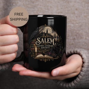 Salem-mugg, svart kaffemugg från Gothic Literary Society, present till Dark Academia, Halloween-mugg från bokälskare, present till Salem-häxa, fri frakt