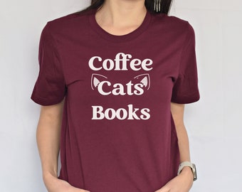 Coffee Cats Books Shirt, Vintage Style Tee, Bookish Cat Lover Gift