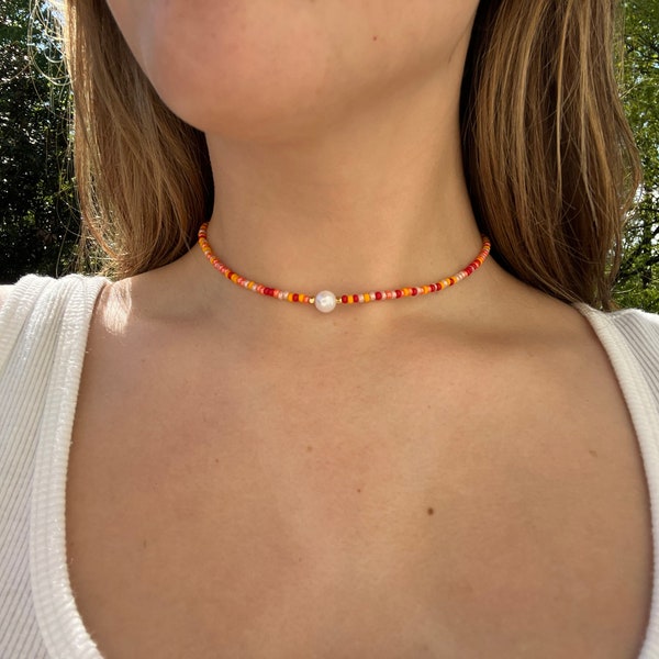 Wood Beaded Magnetic Clasp Necklace - Orange main image 1