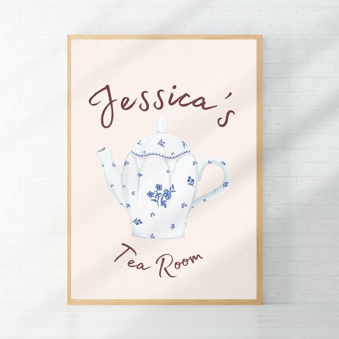 Personalized Tea Room Sign, Regencycore Printable Wall Art With Blue ...