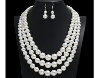 Elegant Pearl Layered Necklace with Earrings Set, Bridal Pearl Jewelry, Classic Wedding Accessory