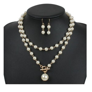 Elegant Multilayer Pearl Necklace Set with Matching Earrings, Bridal Faux Pearl Jewelry, Statement Wedding Accessory