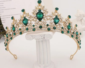 Emerald Green Rhinestone Tiara | Regal Alloy Crown with Green Crystals | Elegant Bridal & Event Headpiece