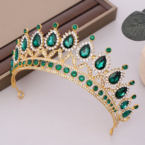 Luxury Gold/Green Rhinestone Crystal Crown - Elegant Bridal Tiara for Weddings and Pageants