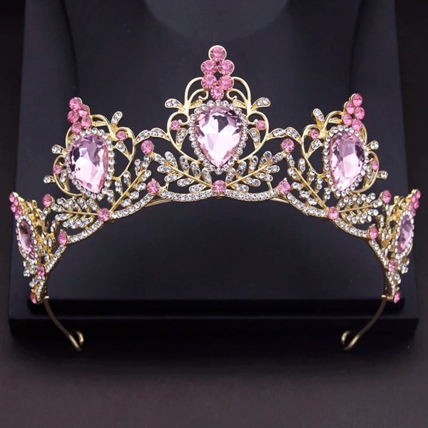 Pink Princess Tiara | Rhinestone and Zinc Alloy Crown | Romantic Bridal Headpiece - 14.5cm Dia, 6cm Ht