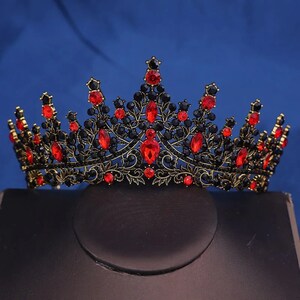 Regal Black and Red Wedding Crown - Baroque Style Rhinestone and Crystal Tiara, Bridal Headpiece with Gothic Elegance