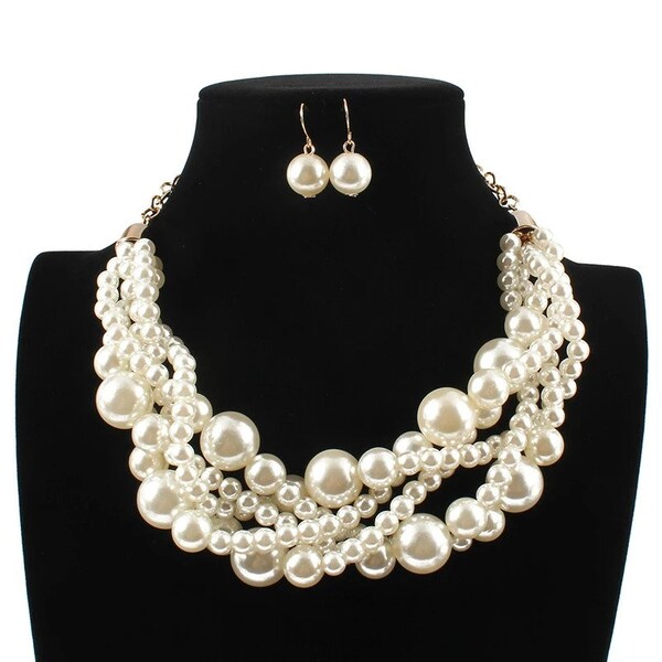 Modern Cascading Faux Pearl Necklace and Earring Set, Elegant Fashion Jewelry, Sophisticated Multi-Layered Pearl Accessory