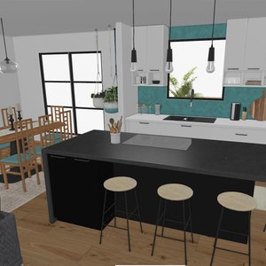 May include: A modern kitchen and dining room with a black kitchen island, white cabinets, and a teal tile backsplash. The island has a black countertop and three bar stools. The dining room has a wooden table with six chairs and a rug.