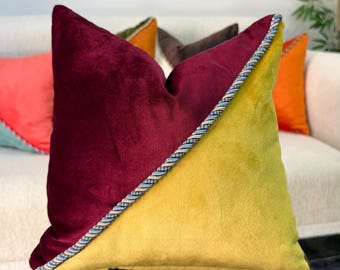 Diagonal Two-Tone Custom Color Velvet Throw Pillow Cover with Decorative Twisted Cord, Luxury Modern Cushion Case, Modern Home Decor Pillow