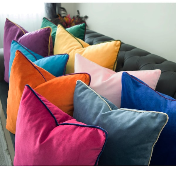 MATCH Colore primario e colore bordino, set di cuscini decorativi, cuscino di lancio in velluto con bordino personalizzato, fodera per cuscino in velluto con cordoncino, SOLO copertura