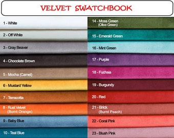 MUESTRAS DE TELA DE TERCIOPELO, Muestras de terciopelo en colores sólidos, El precio es por hasta 5 telas diferentes, Libro de muestras de terciopelo, 26 colores disponibles