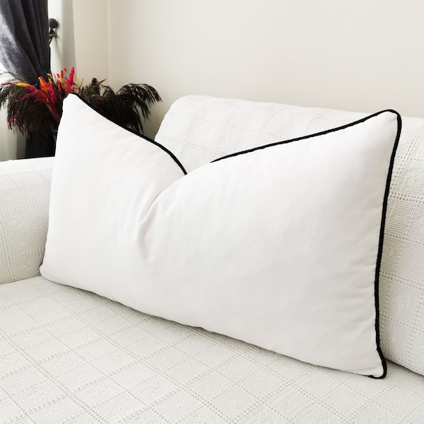 STARK WHITE Velvet Pillow with Custom Color Piping, White Soft Velvet Lumbar Pillow, White Body Cushion, Any Size Decorative Pillow Shams