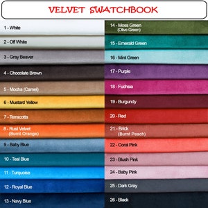 Velvet FABRIC SAMPLES, Solid Velvet Color Samples, Price is for up to 5 different fabrics, Velvet Swatchbook, 24 Colors Available