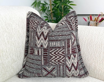 Bouclé Chenille Boho Tribal Pillow Cover, Gray Burgundy Decorative Throw Pillow, Textured Aztec Cushion Cover, Rustic Farmhouse Pillow Case
