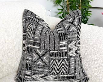 Geometric Rustic Pillow Cover, Black Gray Textured Throw Pillow, Tribal Abstract Cushion Cover, Custom Size, Plain or Flange Edge