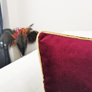 Pode incluir: Um close-up de uma almofada de veludo bordô com uma borda dourada. A almofada é macia e felpuda, e a borda dourada adiciona um toque de elegância.