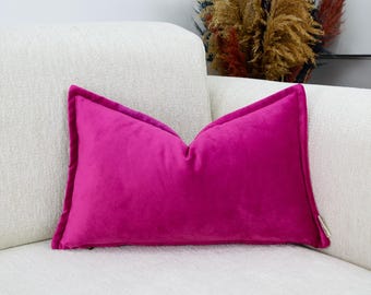 Fuchsia Velvet Lumbar Pillow Cover,  Custom Size Fuchsia Cushion Cover, Flange Edge Throw Pillow, Pink Velvet Decorative Pillow Cover