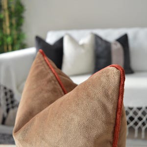 Soft Velvet Camel Pillow Case, Plush Velvet Mocha Cushion Cover, Sand Color Pillow Cover, Mocha Lumbar Pillow, Velvet Piping Cushion Case
