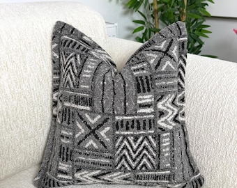 Geometric Rustic Pillow Cover, Black Gray Textured Throw Pillow, Tribal Abstract Cushion Cover, Custom Size, Plain or Flange Edge