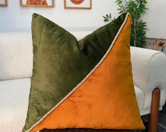 Custom Color Block Velvet Pillow Cover, Two Tone Velvet Cushion Cover with Decorative Cord Piping, Twisted Piping Cord Pillow, Any Size