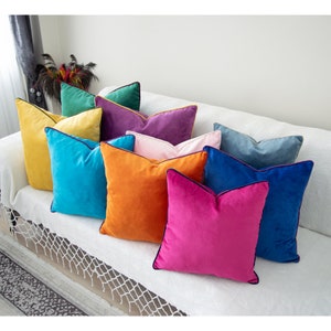Decorative Velvet Throw Pillow Cover with Trim, Solid Velvet Euro Pillow Case with Piping, Velvet Cushion with Cording, Velvet Pillow Sham