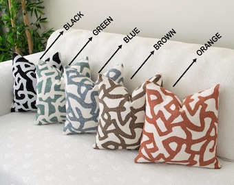 Geometric Patterned Modern Abstract Pattern Pillow Cover – 5 Color Options – Black, Green, Blue, Brown, Orange – Multiple Sizes, Chenille