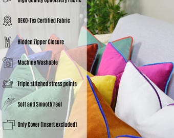 Custom Velvet Pillow Cover – Contrast Piping, Modern Decorative Cushion, Zipper Closure