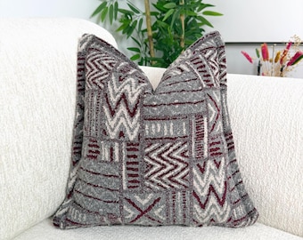 Bouclé Chenille Boho Tribal Pillow Cover, Gray Burgundy Decorative Throw Pillow, Textured Aztec Cushion Cover, Rustic Farmhouse Pillow Case