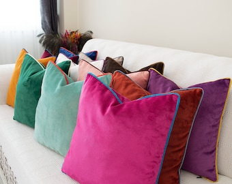 Customizable Piped Cushion, Contrast Welt Velvet Pillow, Velvet High End Decorative Throw Pillow, Luxury Velvet Euro Pillow with Zipper