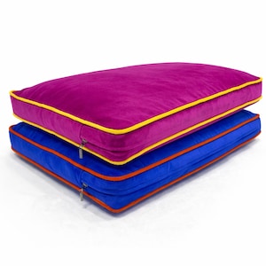 May include: Two rectangular pillows stacked on top of each other. The top pillow is a vibrant magenta with yellow trim. The bottom pillow is blue with orange trim. Both pillows have zippers.