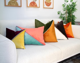 Two Tone Custom Velvet Pillow Cover, Decorative Cord Trim Cushion Cover, Velvet Designer Throw Pillow, Luxury Color Block Pillow Cover