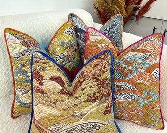 Luxury Landscape Jacquard Pillow Cover, Custom Velvet Back and Piping Throw Pillow Case, Woven Tapestry Decorative Cushion Cover for Sofa