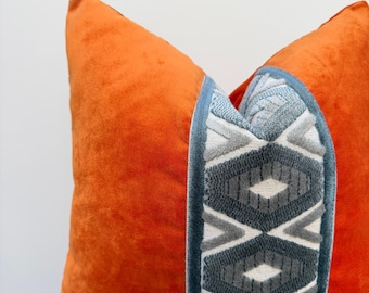 Custom Size Luxury Throw Pillow with Woven Jacquard Trim, Velvet Decorative with Border,  Velvet Lumbar Pillow with Custom Border & Trim