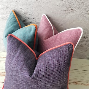 Linen Throw Pillow Cover with Velvet Piping: Euro Pillow Sham (ONLY CASE)