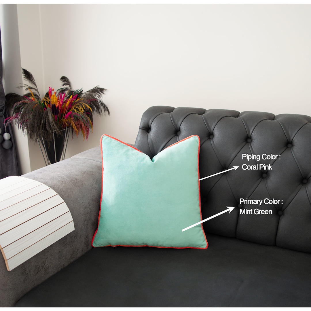 Mint Green Pillow Cover With Coral Pink Piping, Coral Pink Throw